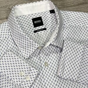 BOSS Hugo Boss Dress Shirt Mens Large White Geometric Regular Fit Long Sleeve